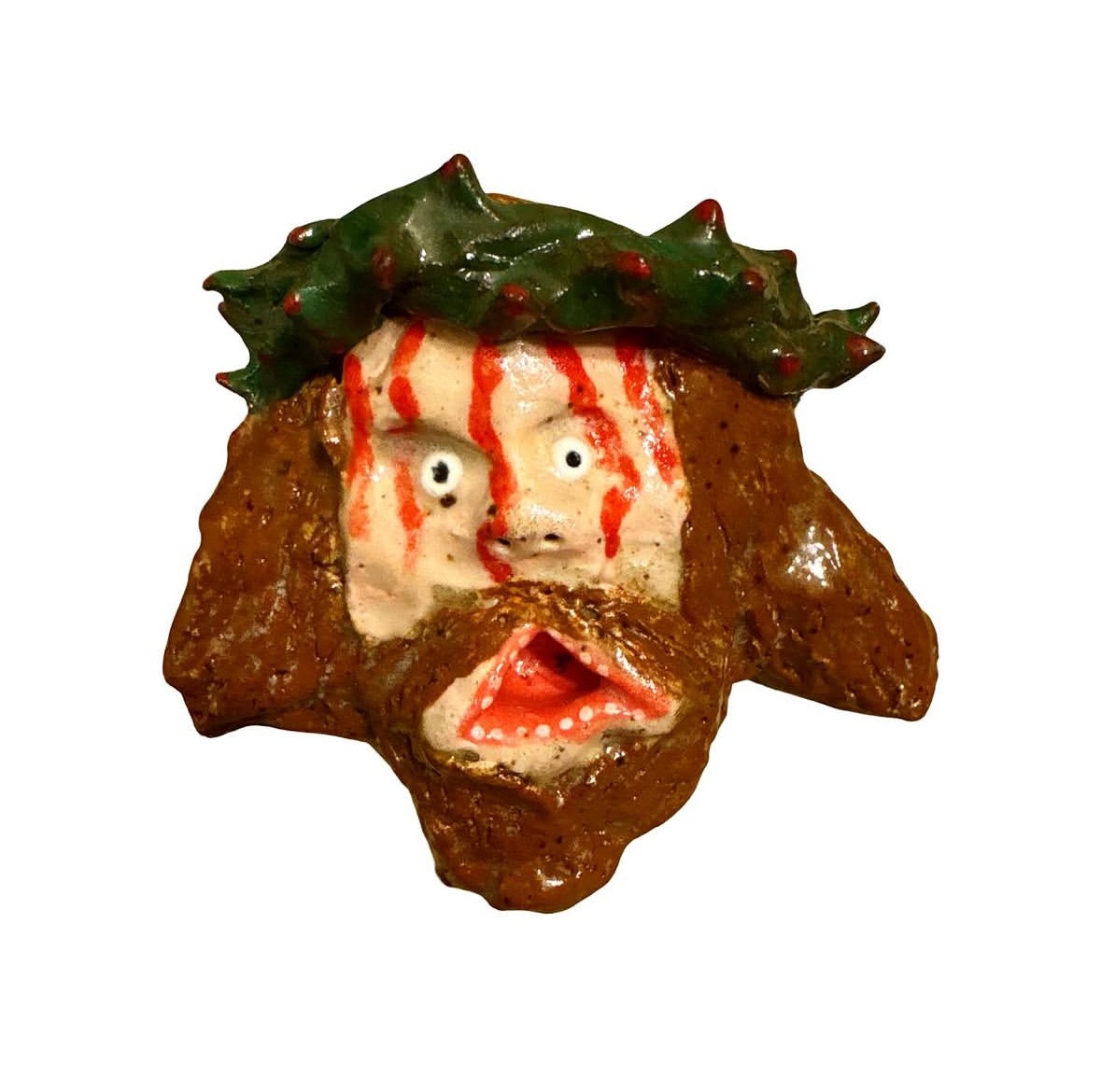 Ceramic Jesus head with crown of thorns and bleeding face