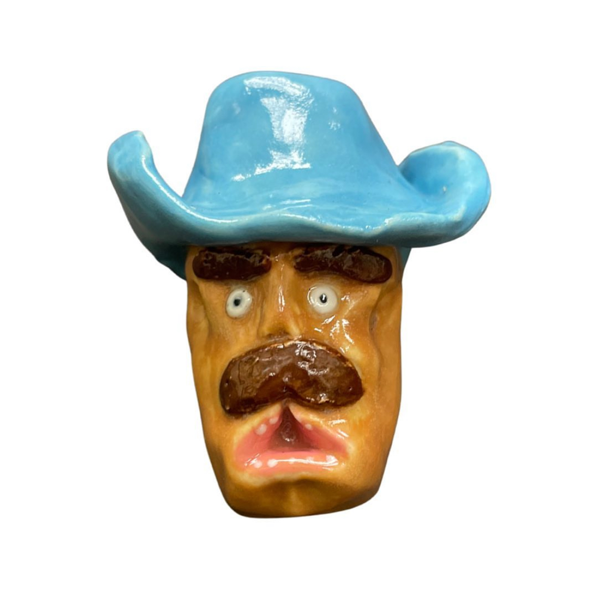 Ceramic head with blue cowboy hat and brown mustache
