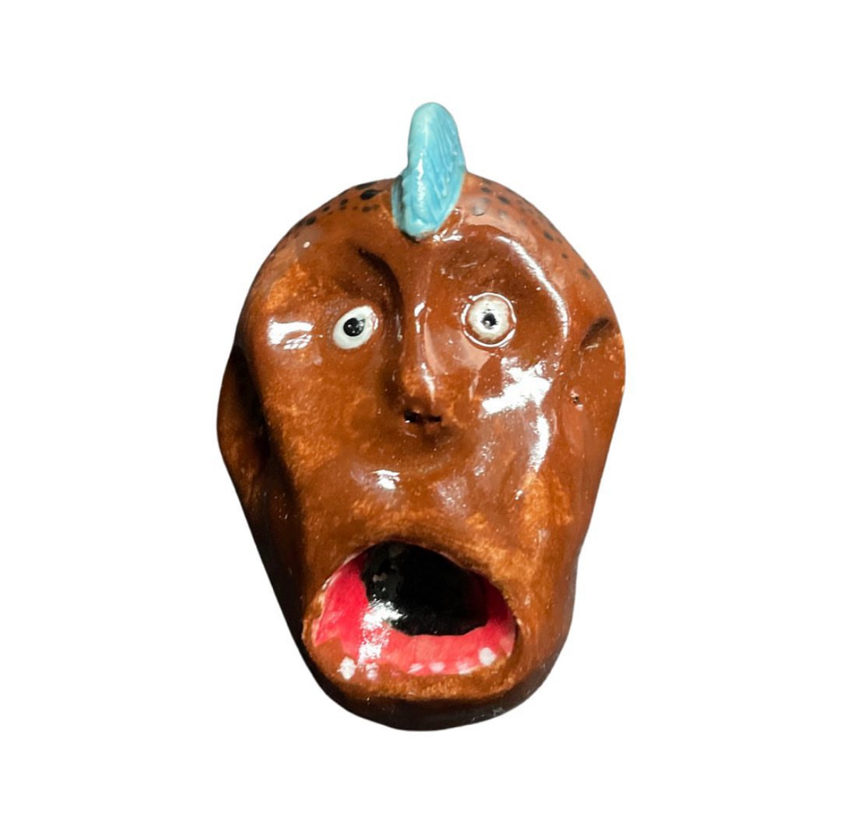 Ceramic brown head with blue fin and open mouth