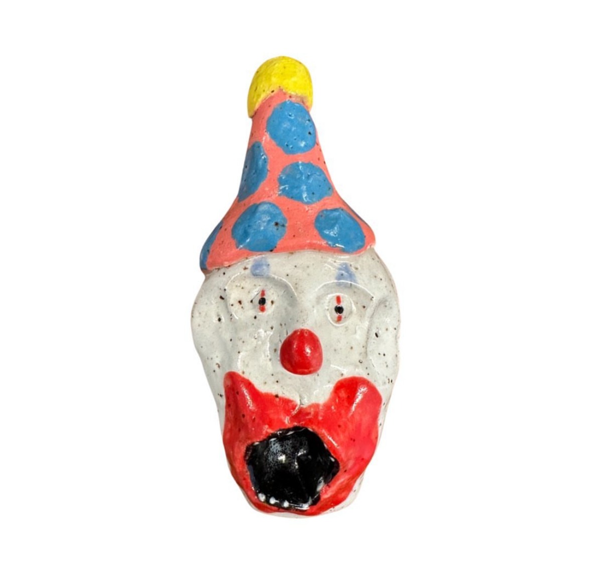 Ceramic clown head with pink and blue polka-dot party hat
