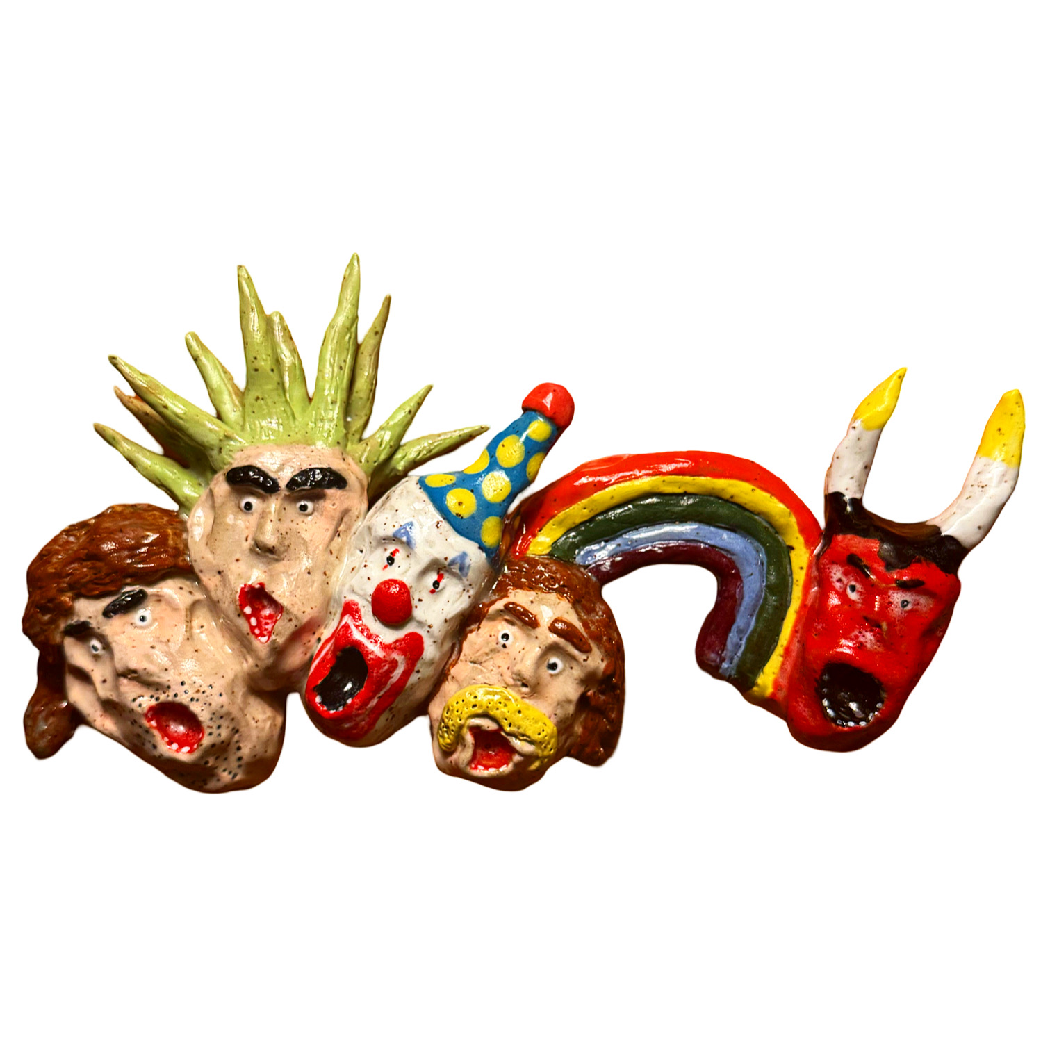 Ceramic wall sculpture with row of screaming heads, rainbow and red devil