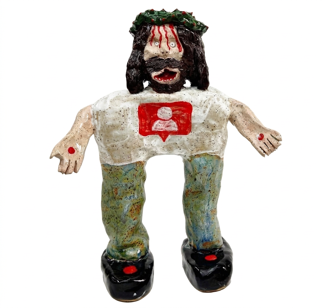 Ceramic Jesus figure with crown of thorns, white shirt with red icon and black shoes