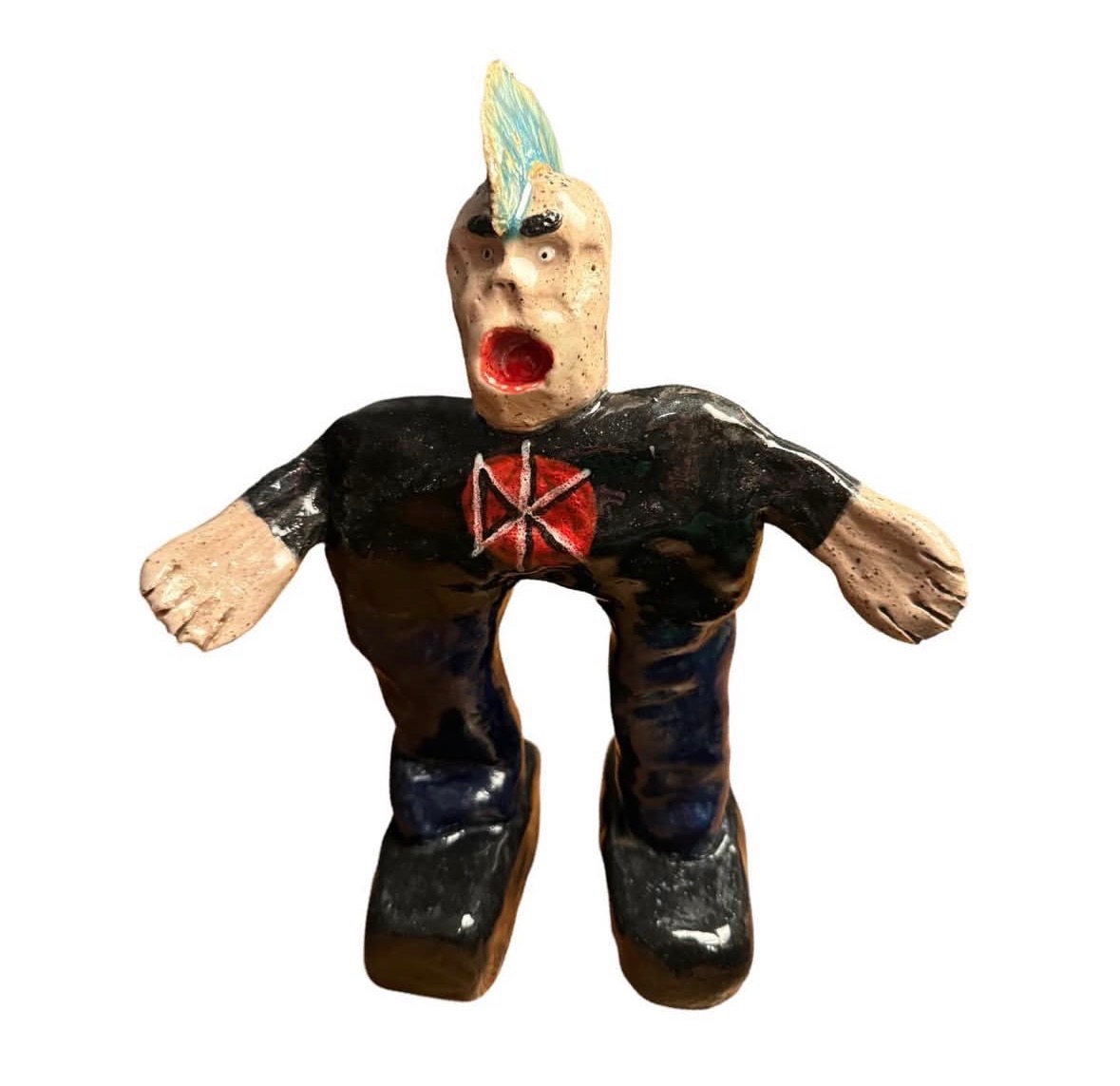 Ceramic punk figure with blue mohawk, Dead Kennedys shirt and black boots