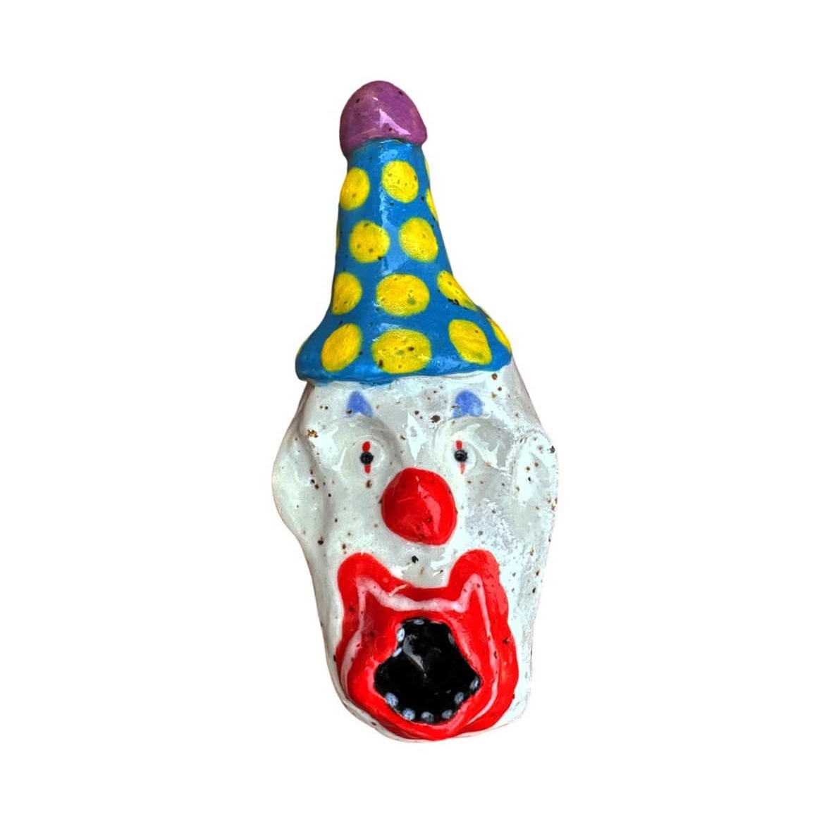 Ceramic clown head with blue and yellow polka-dot party hat
