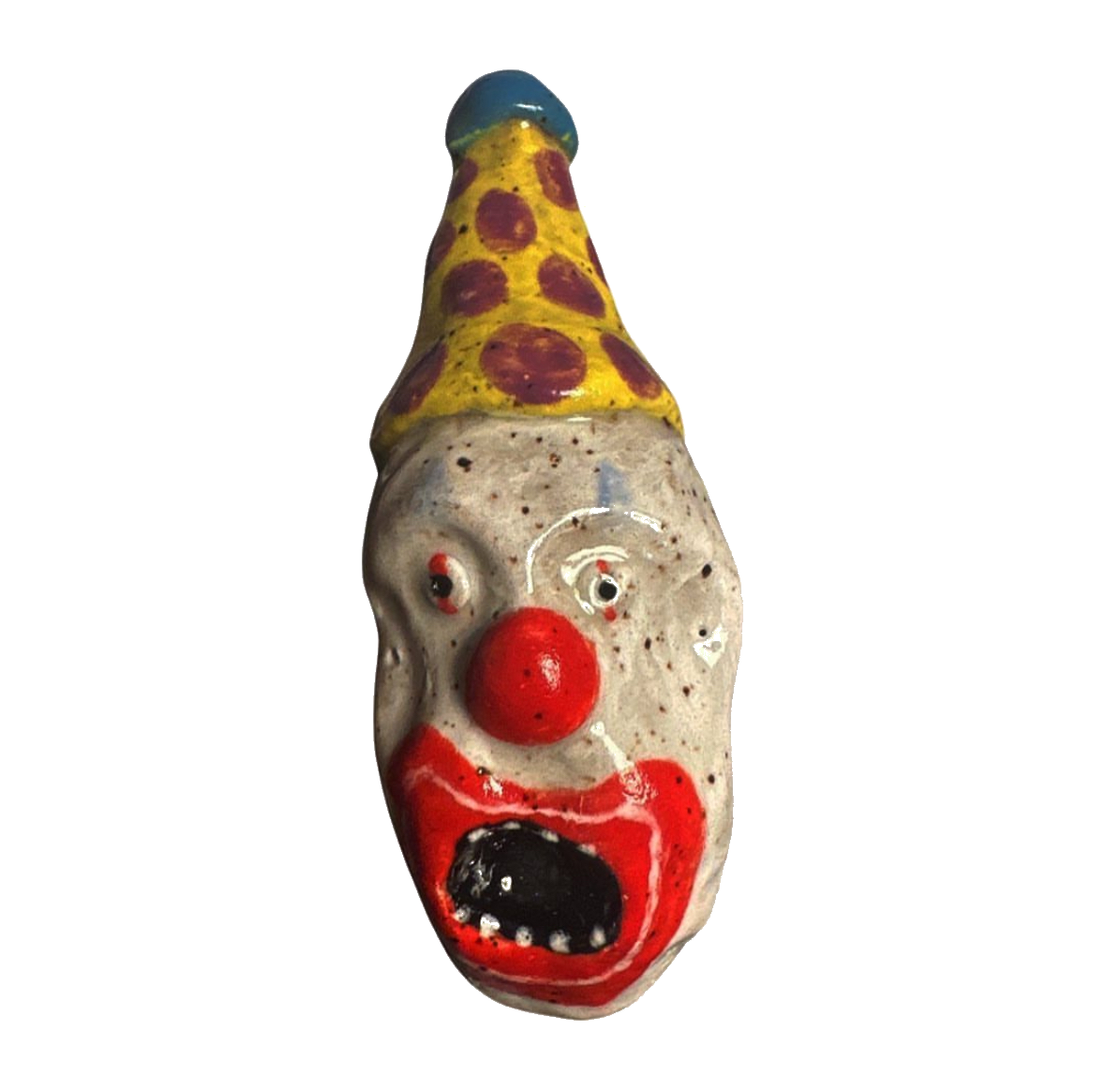 Ceramic clown head with yellow and maroon polka-dot party hat