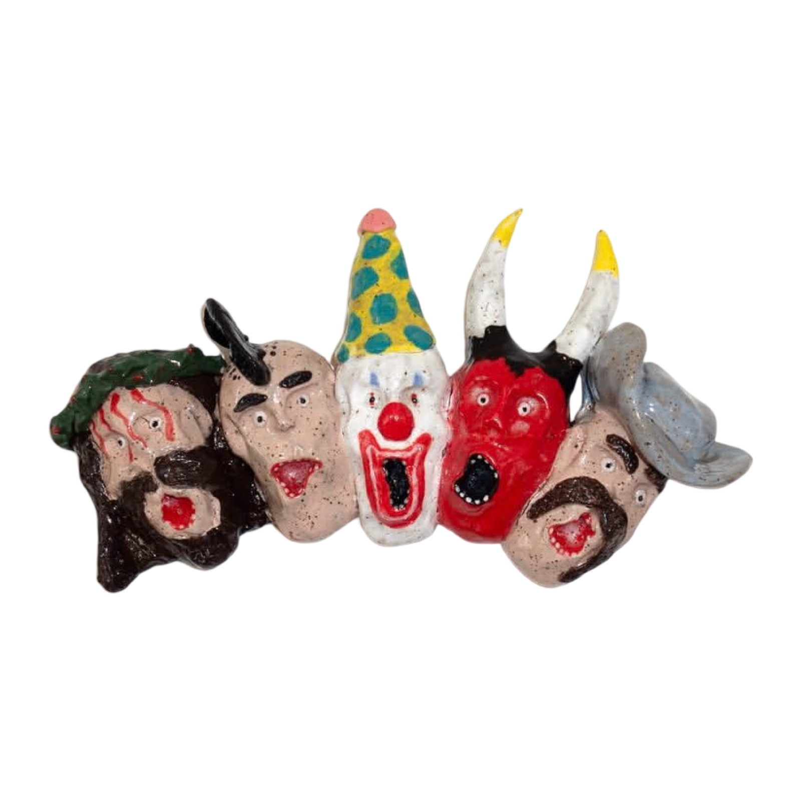 Ceramic wall sculpture with row of heads including bloodied figure, screaming faces, clown with party hat, red horned devil, mustachioed man and figure in blue cap