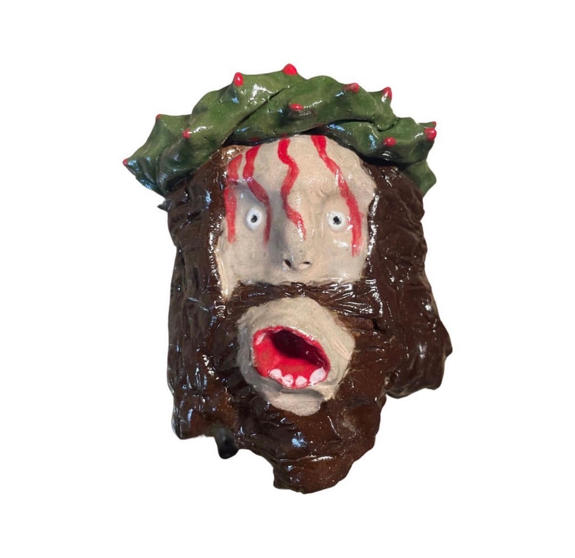 Ceramic Jesus head with crown of thorns, bloody forehead, brown beard and screaming open mouth