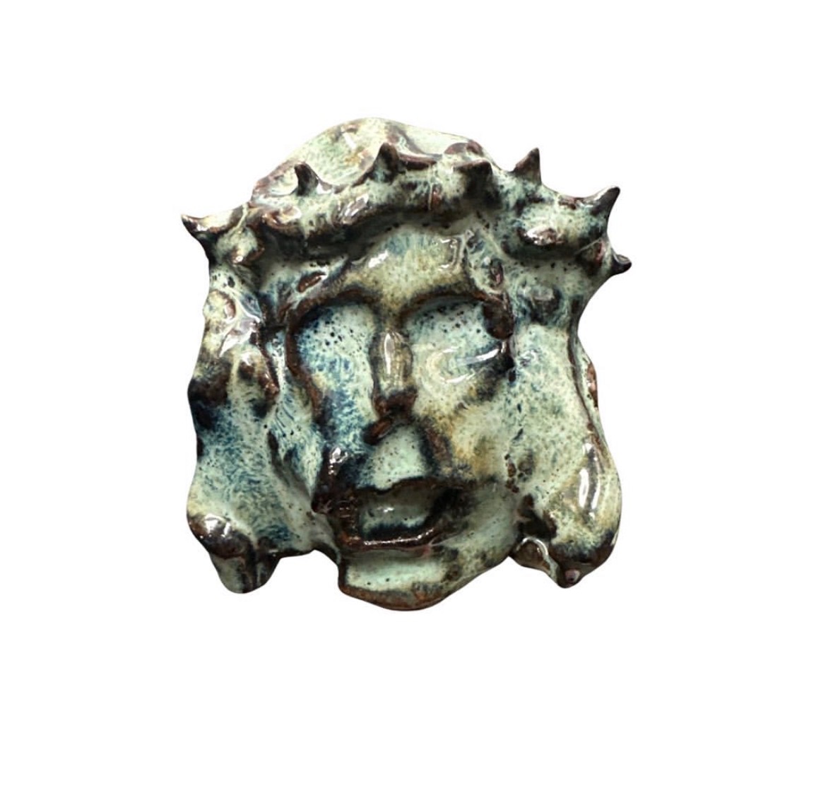 Ceramic green-glazed Jesus head with crown of thorns