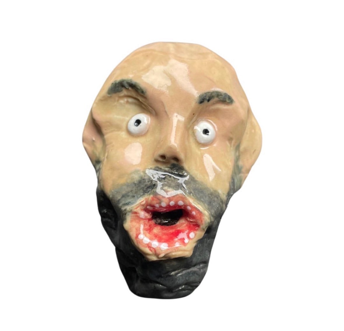 Ceramic bald head with gray beard, mustache and screaming red mouth