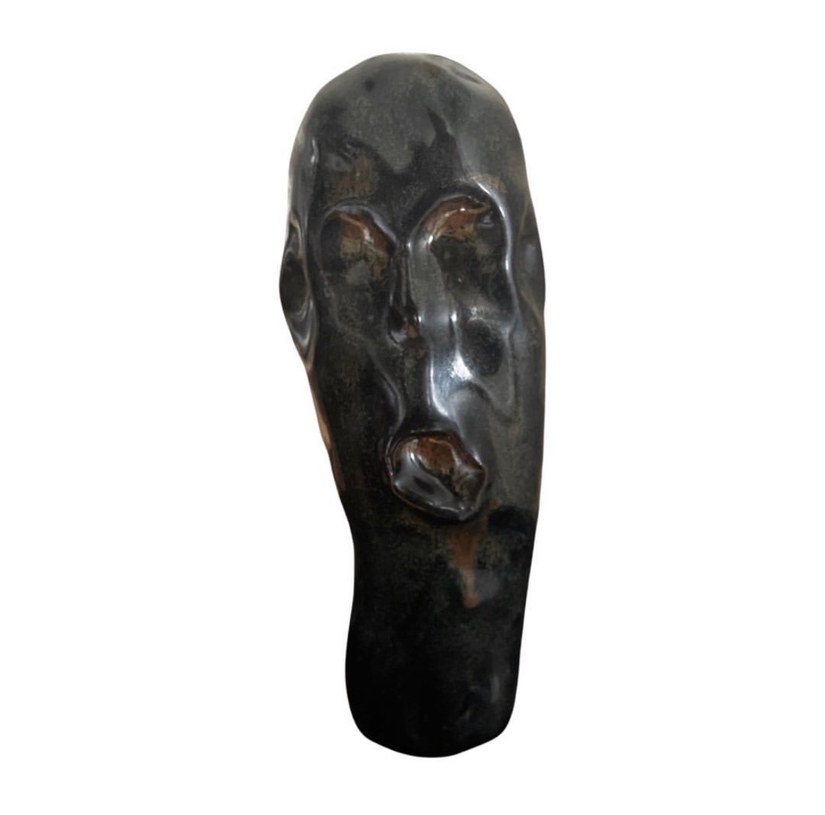 Ceramic elongated black-glazed head sculpture